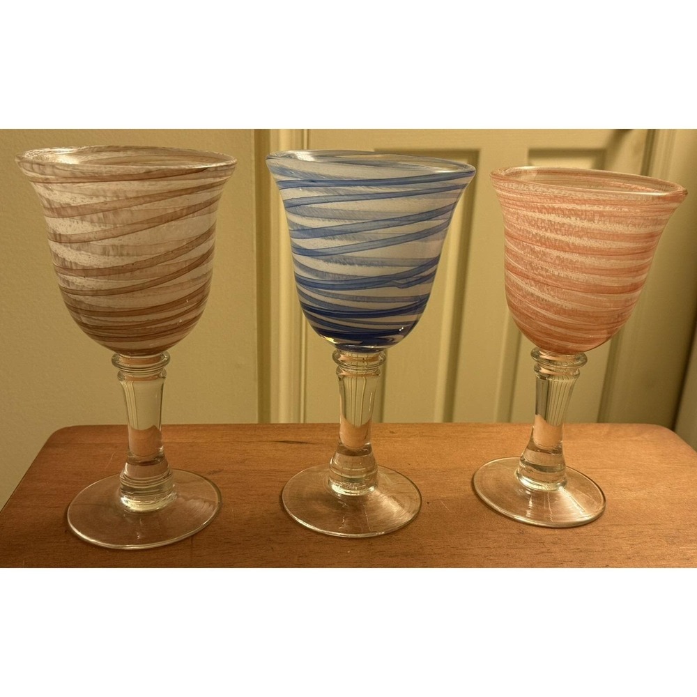 Set Of 3 Hand Blown Art‎ Glass Heavy Wine Water Goblet Ribbon Pattern EUC